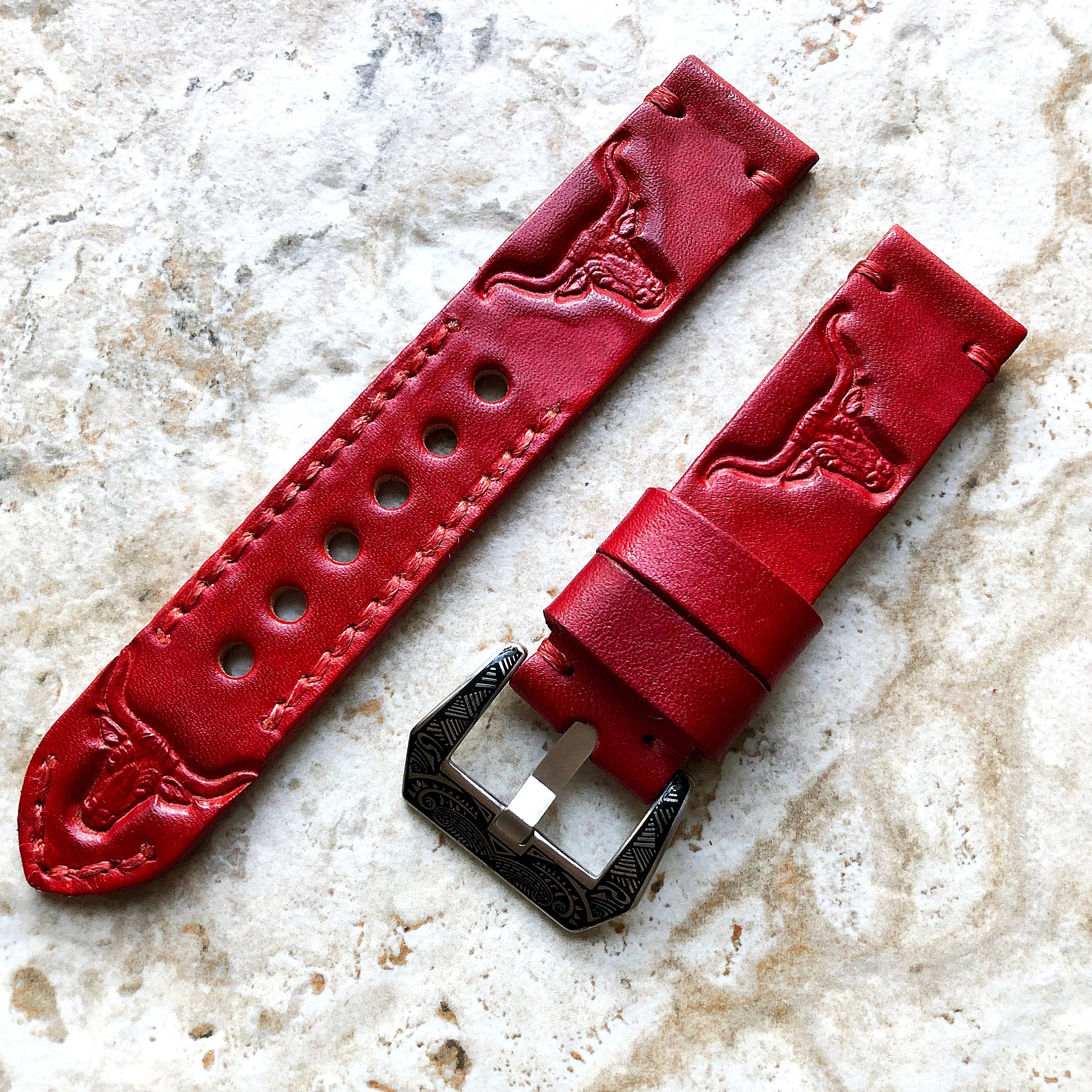 Longhorn Bull Band 22mm 24mm 25mm Embossed Genuine Leather Compatible with Apple Watch Fitbit Versa 2 3 4 Sense 2 Ionic Handmade Strap